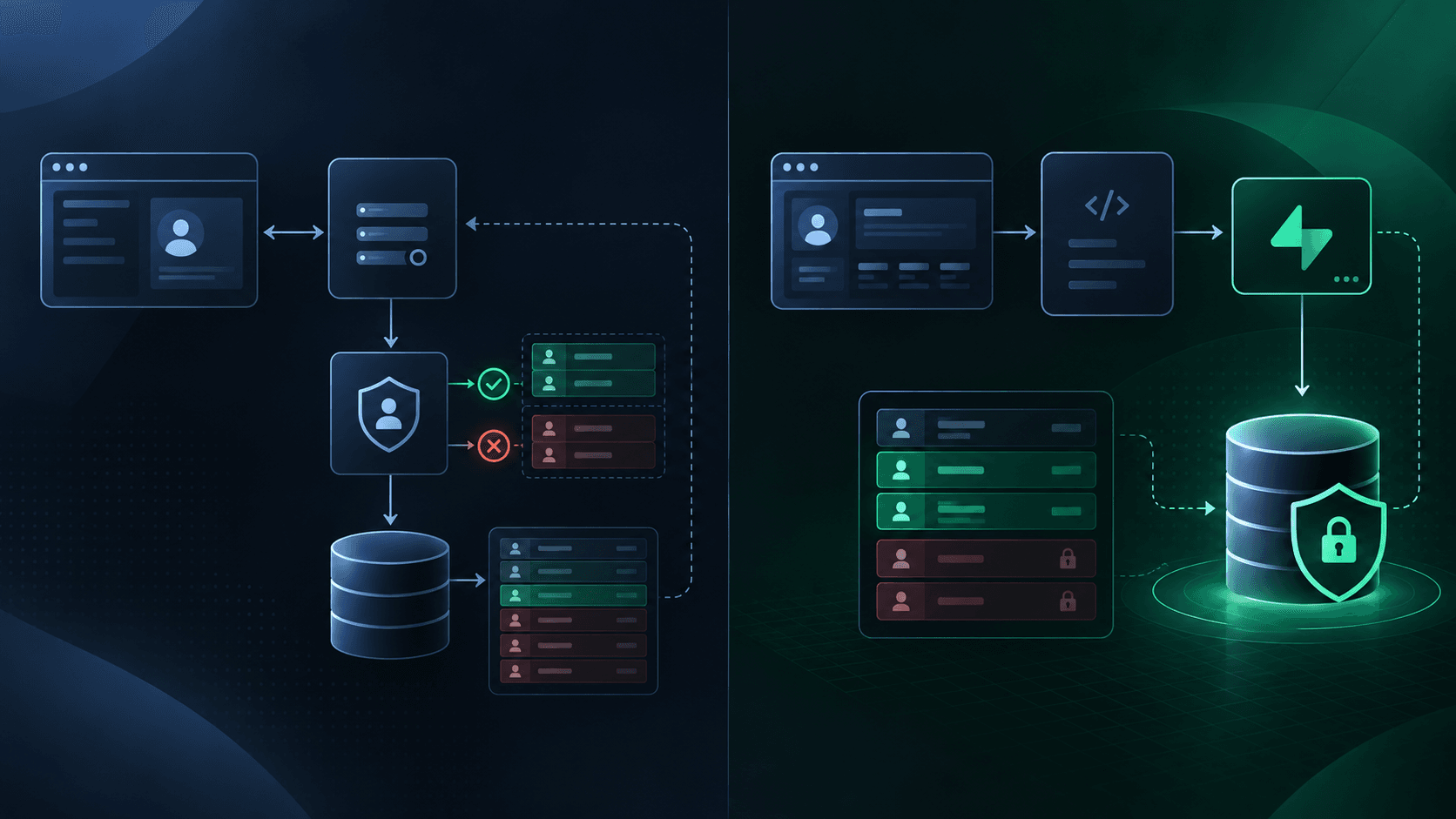 Split illustration comparing application-layer authorization with database-enforced row access, showing permitted and blocked records.